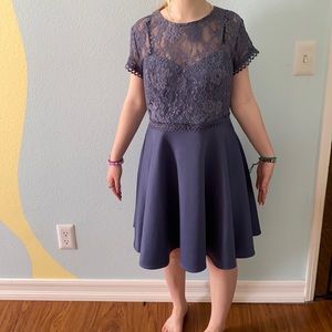 Blue lace dress with a line skirt